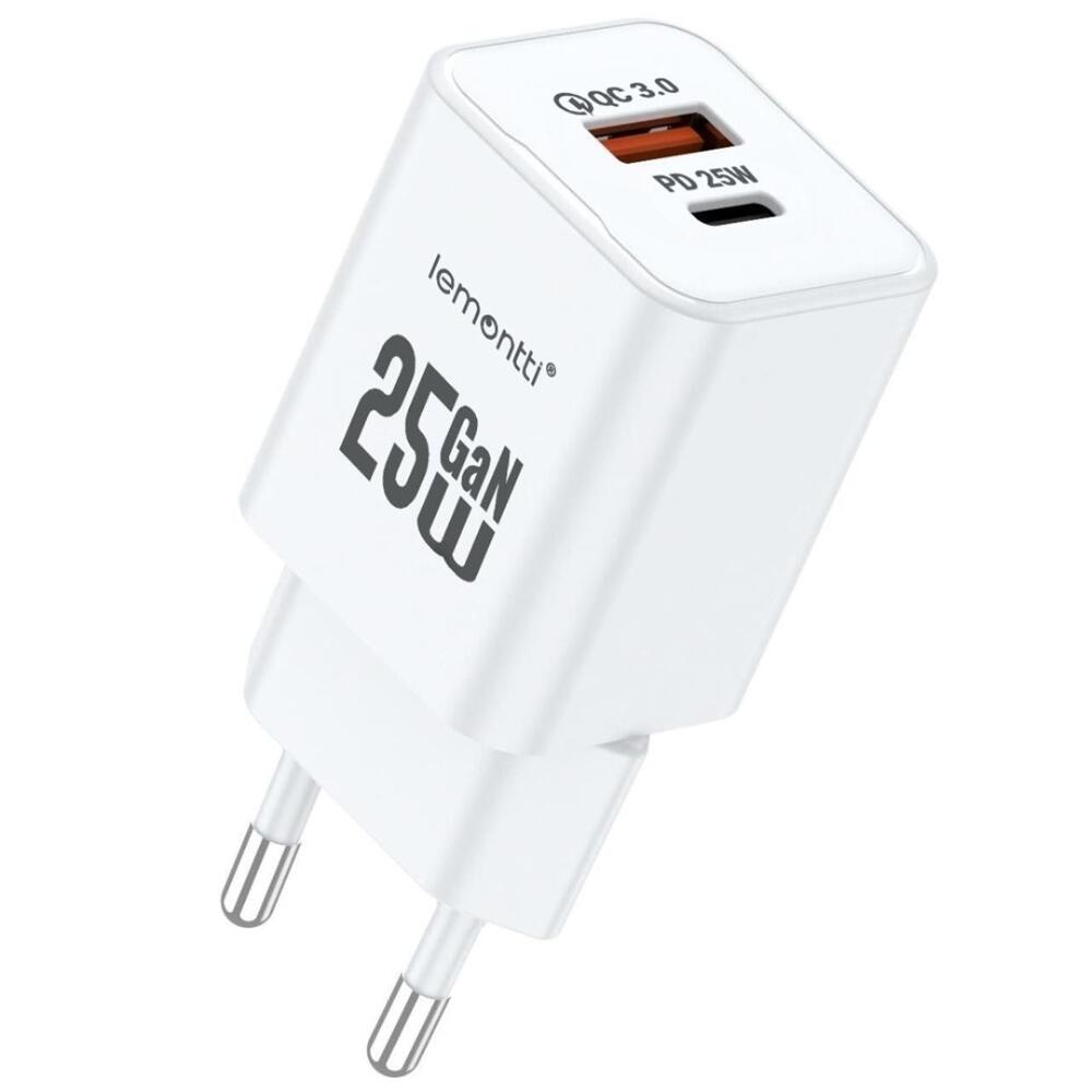 Lemontti Incarcator Retea GaN Dual Port 1x Type-C si 1x USB-A, 25W, EU Plug, Alb [1]