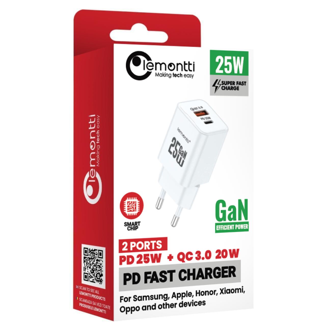 Laptop, Tablete & Telefoane - Lemontti Incarcator Retea GaN Dual Port 1x Type-C si 1x USB-A, 25W, EU Plug, Alb