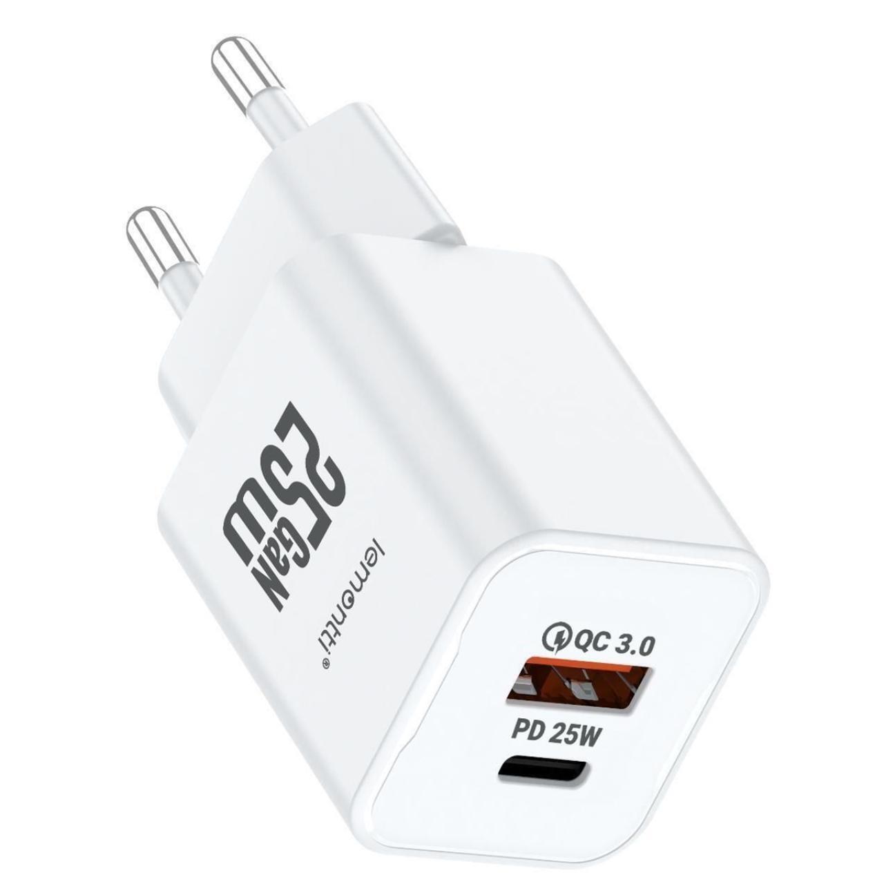 Lemontti Incarcator Retea GaN Dual Port 1x Type-C si 1x USB-A, 25W, EU Plug, Alb [14]