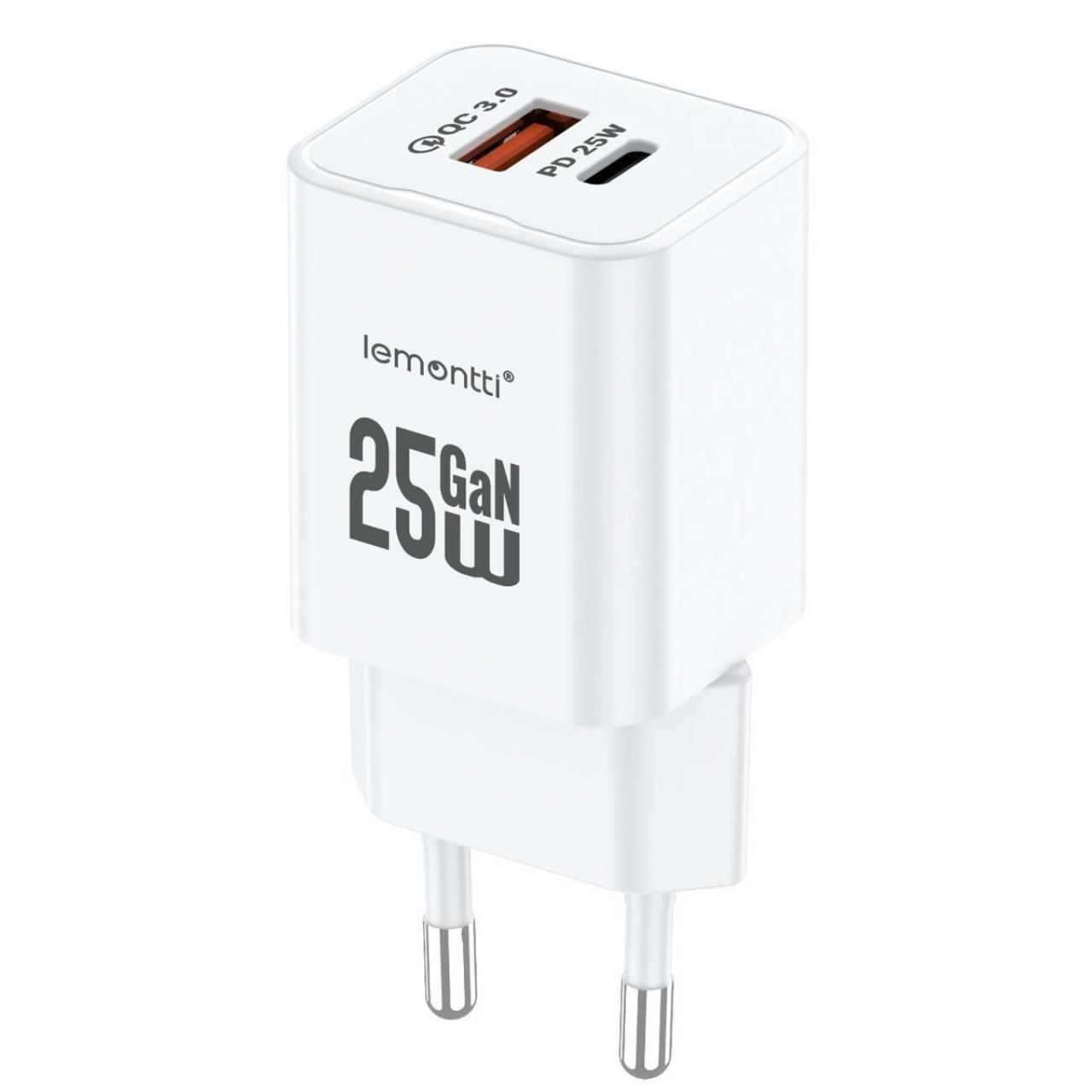 Lemontti Incarcator Retea GaN Dual Port 1x Type-C si 1x USB-A, 25W, EU Plug, Alb [15]