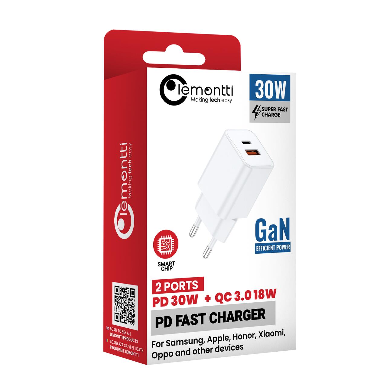 Laptop, Tablete & Telefoane - Lemontti Incarcator Retea GaN Dual Port 1x Type-C si 1x USB-A, 30W, EU Plug, Alb