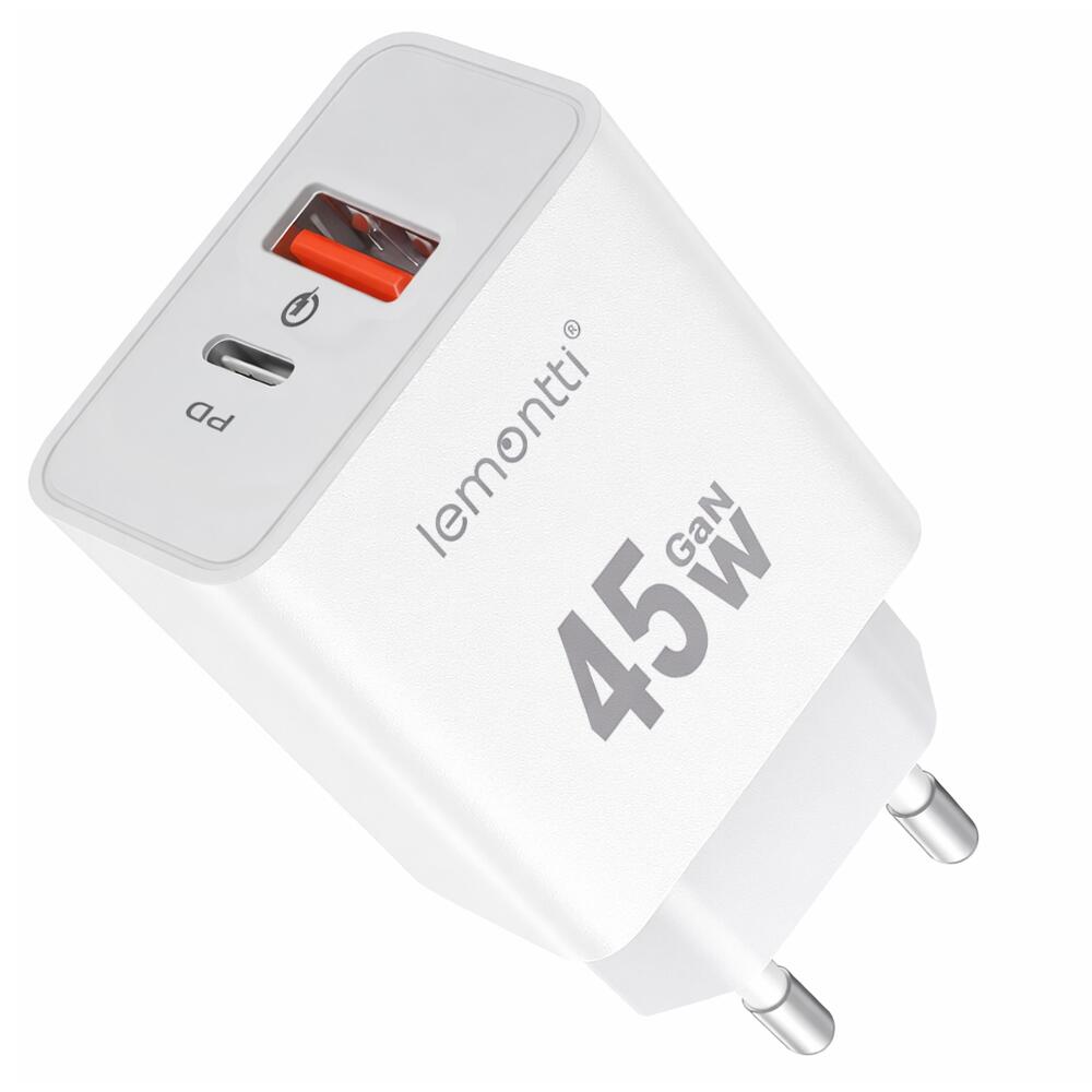 Lemontti Incarcator Retea GaN Fast Charge 45W 1 x PD Type-C + 1 x USB-A Quick Charge 3.0 Alb [1]