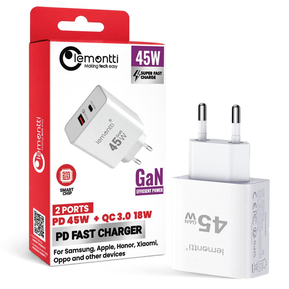 Lemontti Incarcator Retea GaN Fast Charge 45W 1 x PD Type-C + 1 x USB-A Quick Charge 3.0 Alb [9]