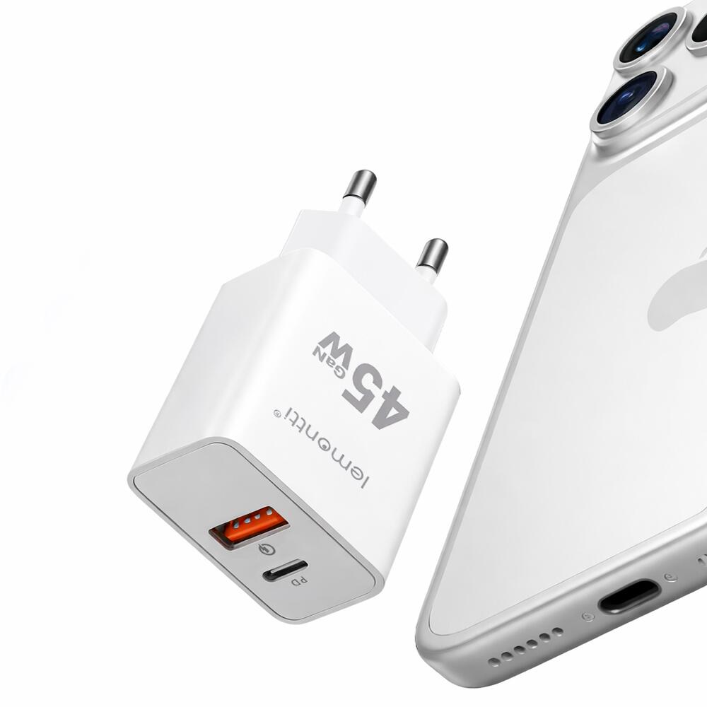 Lemontti Incarcator Retea GaN Fast Charge 45W 1 x PD Type-C + 1 x USB-A Quick Charge 3.0 Alb [2]