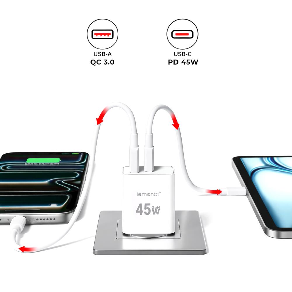Lemontti Incarcator Retea GaN Fast Charge 45W 1 x PD Type-C + 1 x USB-A Quick Charge 3.0 Alb [3]