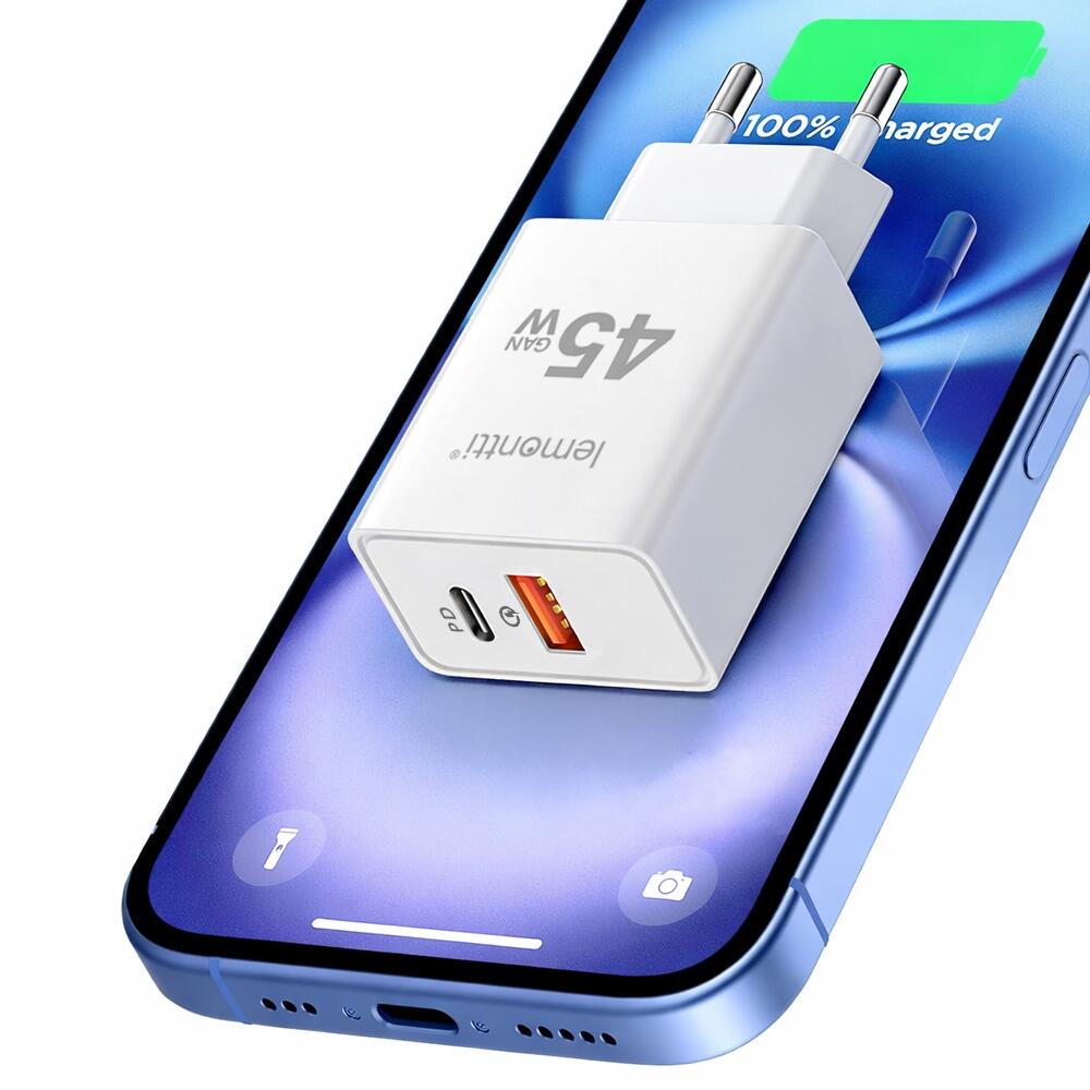 Lemontti Incarcator Retea GaN Fast Charge 45W 1 x PD Type-C + 1 x USB-A Quick Charge 3.0 Alb [5]