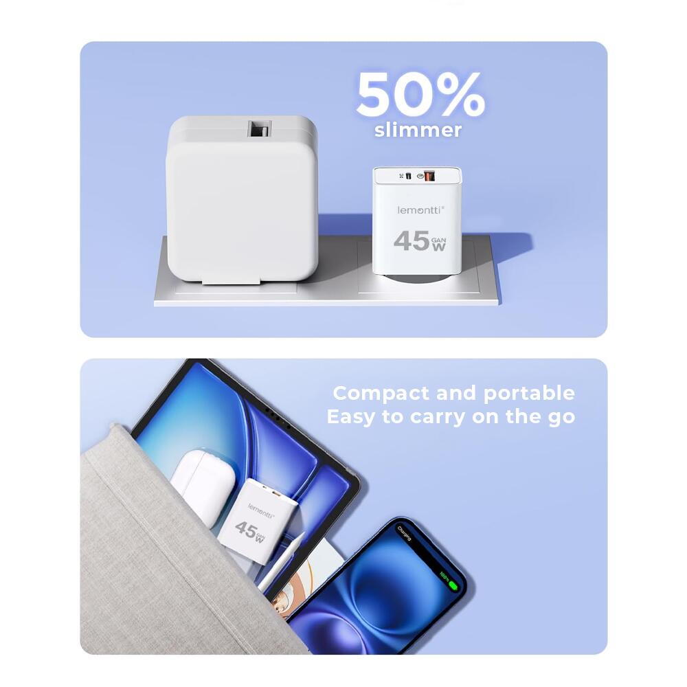 Lemontti Incarcator Retea GaN Fast Charge 45W 1 x PD Type-C + 1 x USB-A Quick Charge 3.0 Alb [7]