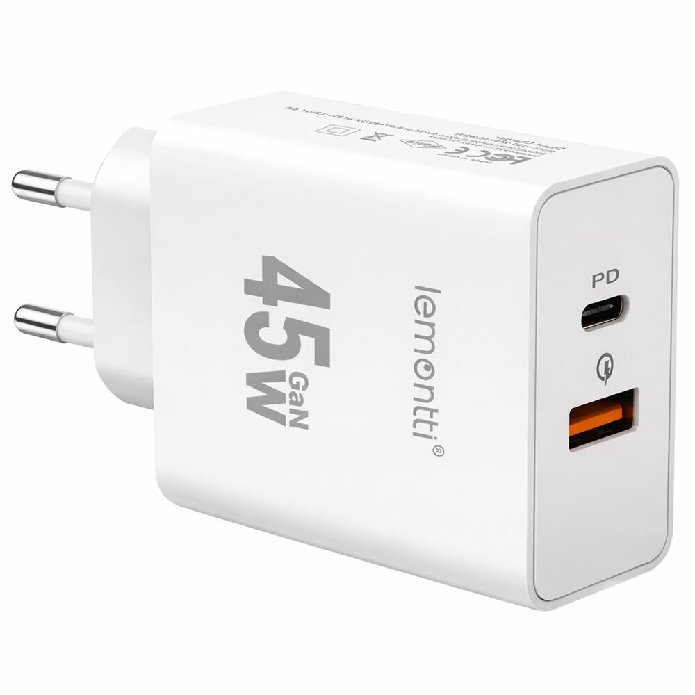Laptop, Tablete & Telefoane - Lemontti Incarcator Retea GaN Fast Charge 45W 1 x PD Type-C + 1 x USB-A Quick Charge 3.0 Alb