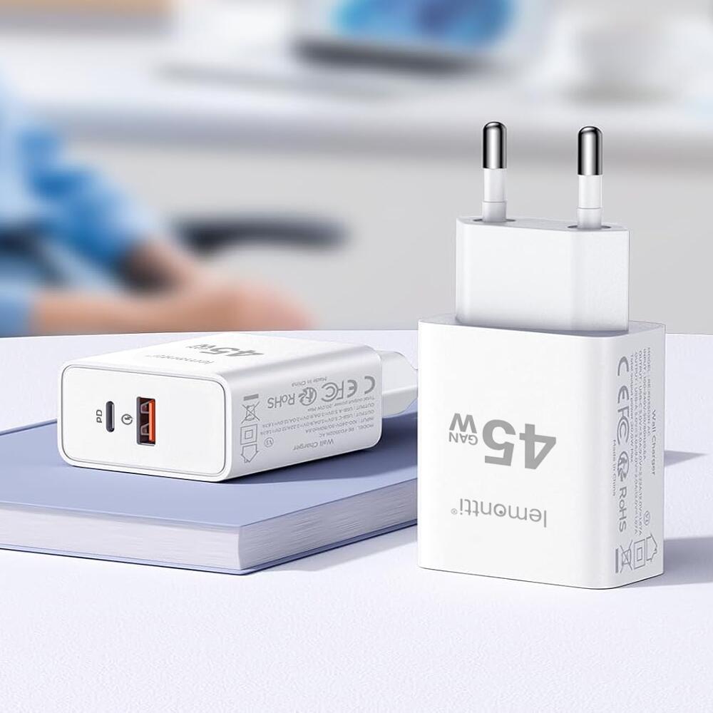 Lemontti Incarcator Retea GaN Fast Charge 45W 1 x PD Type-C + 1 x USB-A Quick Charge 3.0 Alb [8]