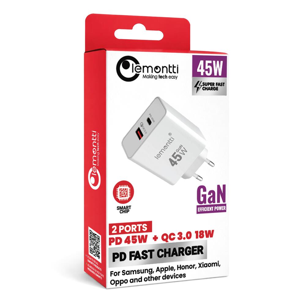 Lemontti Incarcator Retea GaN Fast Charge 45W 1 x PD Type-C + 1 x USB-A Quick Charge 3.0 Alb [10]