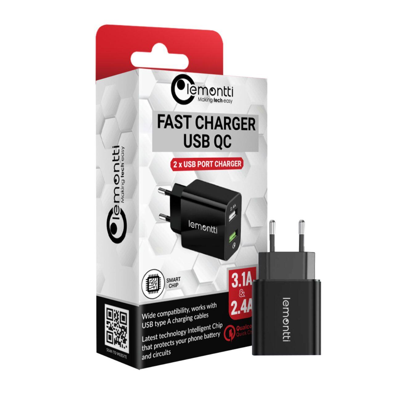 Lemontti Incarcator Retea Fast Charge 30W 2 porturi USB-A QC 3.0 + USB-A 2.4A Negru [2]