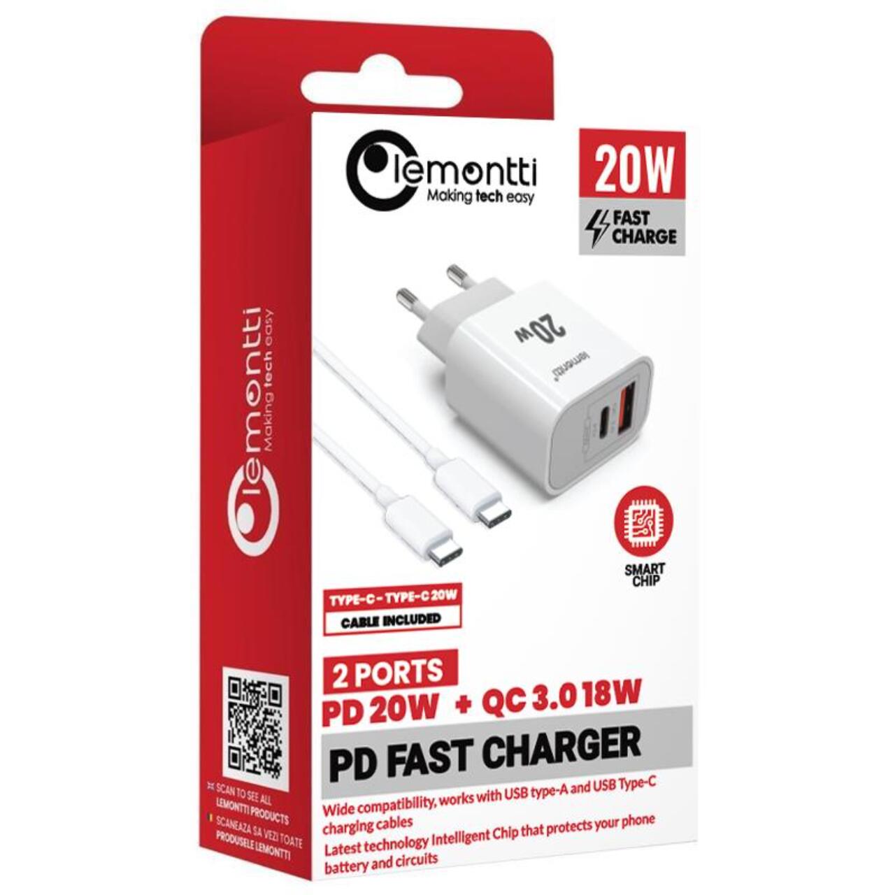 Lemontti Set Incarcator Retea Fast Charge 20W 1 x PD Type-C + 1 x USB-A Quick Charge 3.0 si cablu Type-C-Type-C 20W 1m Alb [4]