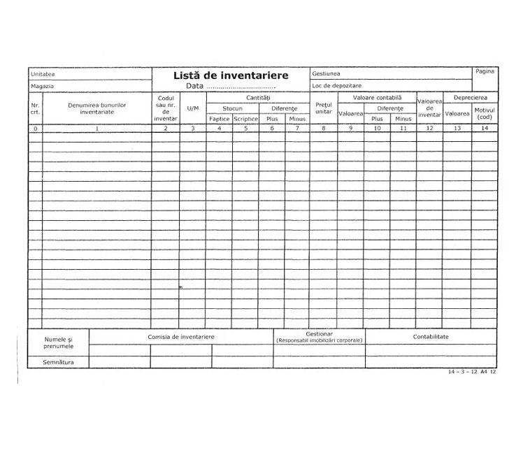Registre și cuburi de hârtie - Lista inventar 14 coloane orizontale