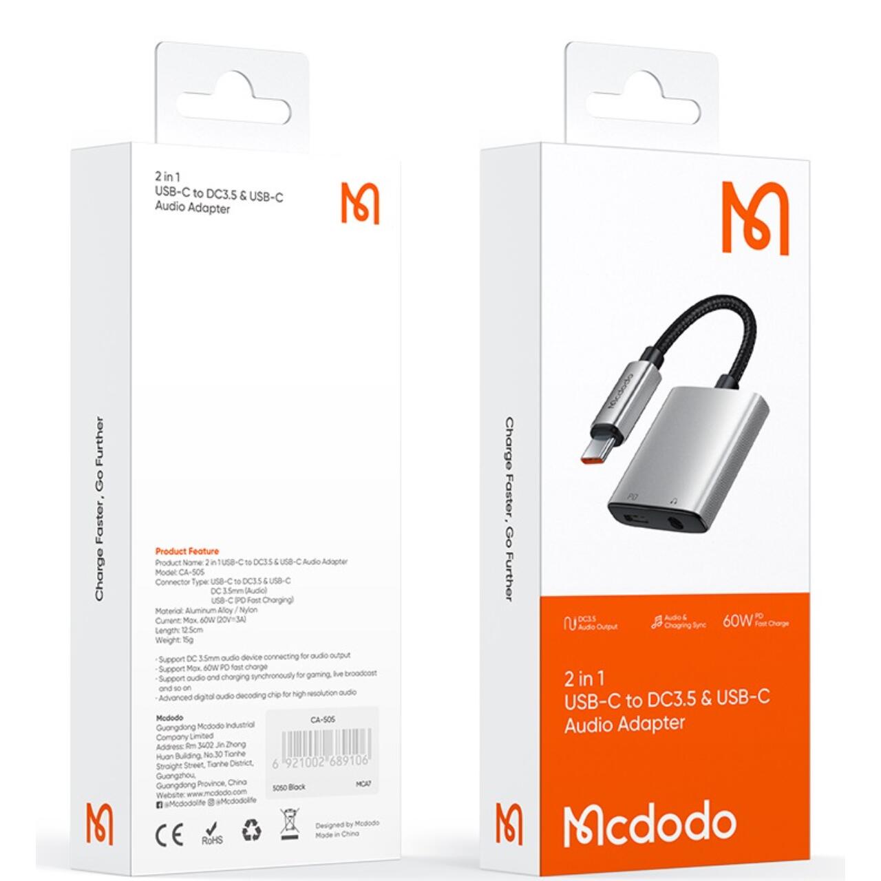 Mcdodo Adaptor Audio 2 in 1 USB-C la USB-C +DC3.5mm, Fast Charge, 60W PD, Negru [4]