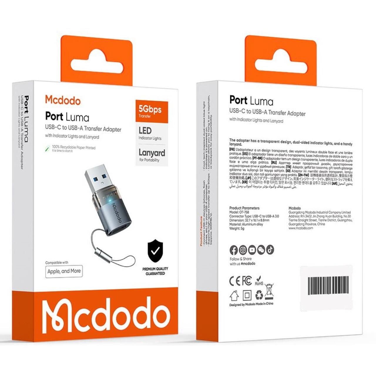 Mcdodo Adaptor OTG Type-C la USB 3.0, Aliaj de aluminiu, Incarcare si sincronizare date, cu indicator luminos, snur de prindere, Negru [9]