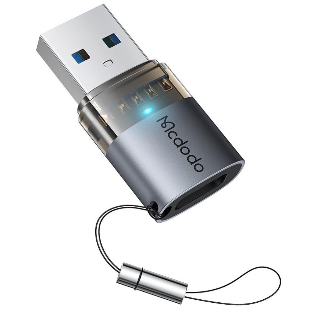 Laptop, Tablete & Telefoane - Mcdodo Adaptor OTG Type-C la USB 3.0, Aliaj de aluminiu, Incarcare si sincronizare date, cu indicator luminos, snur de prindere, Negru
