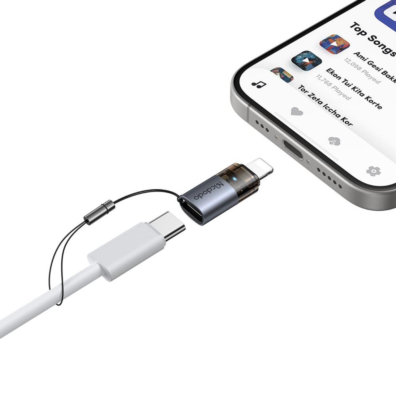 Mcdodo Adaptor Type-C la Lightning OTG 36W, aliaj de aluminiu, incarcare si sincronizare date, lumina albastra, snur, Negru [8]