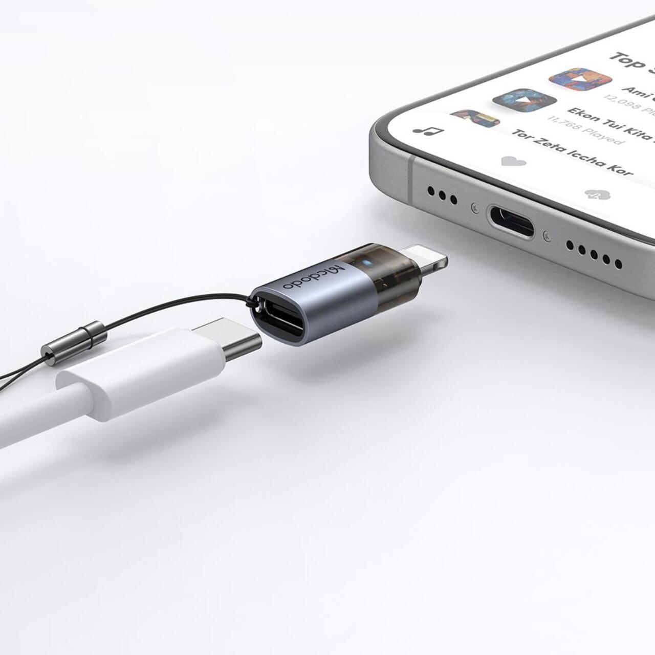 Mcdodo Adaptor Type-C la Lightning OTG 36W, aliaj de aluminiu, incarcare si sincronizare date, lumina albastra, snur, Negru [6]