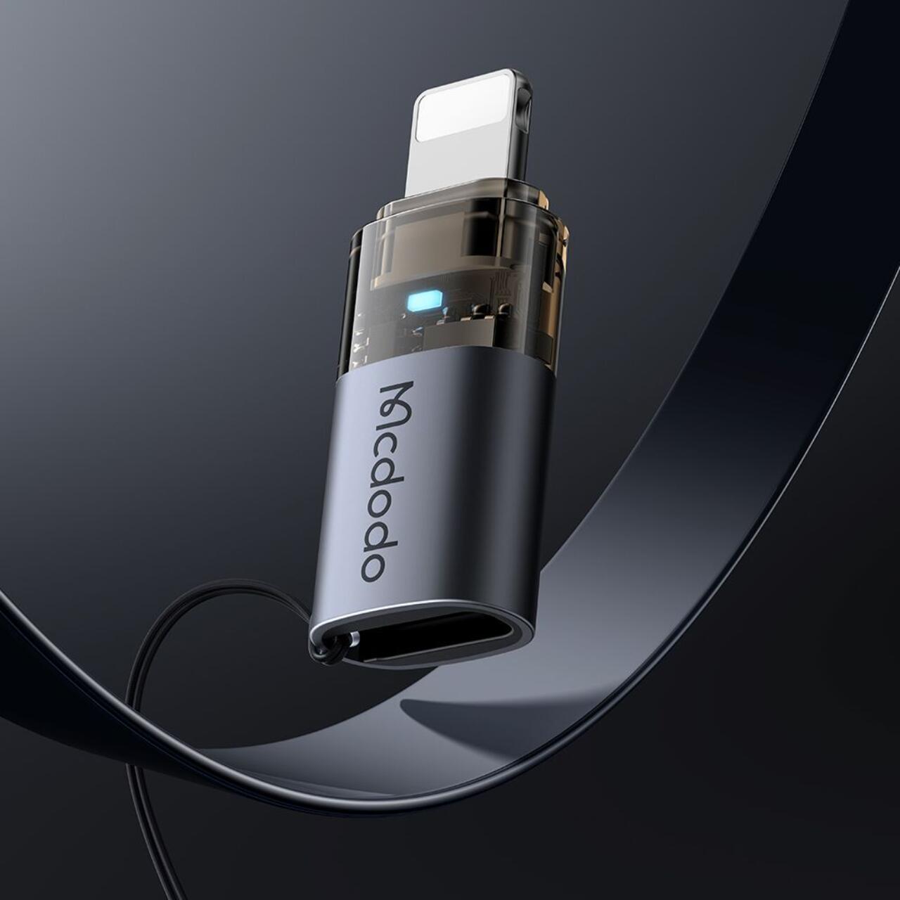 Mcdodo Adaptor Type-C la Lightning OTG 36W, aliaj de aluminiu, incarcare si sincronizare date, lumina albastra, snur, Negru [7]