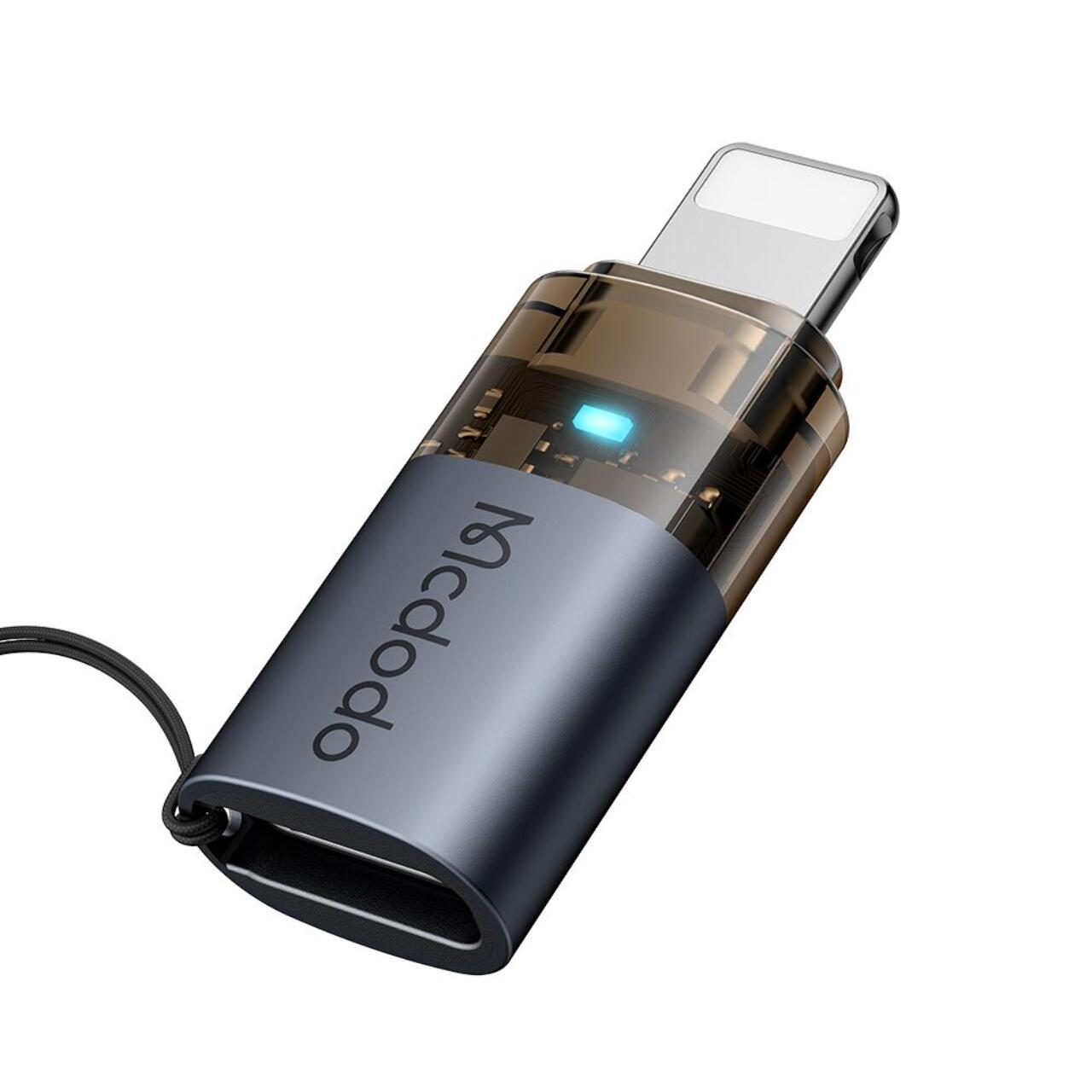 Mcdodo Adaptor Type-C la Lightning OTG 36W, aliaj de aluminiu, incarcare si sincronizare date, lumina albastra, snur, Negru [9]