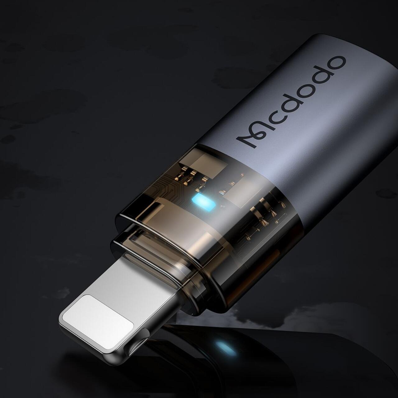 Mcdodo Adaptor Type-C la Lightning OTG 36W, aliaj de aluminiu, incarcare si sincronizare date, lumina albastra, snur, Negru [2]