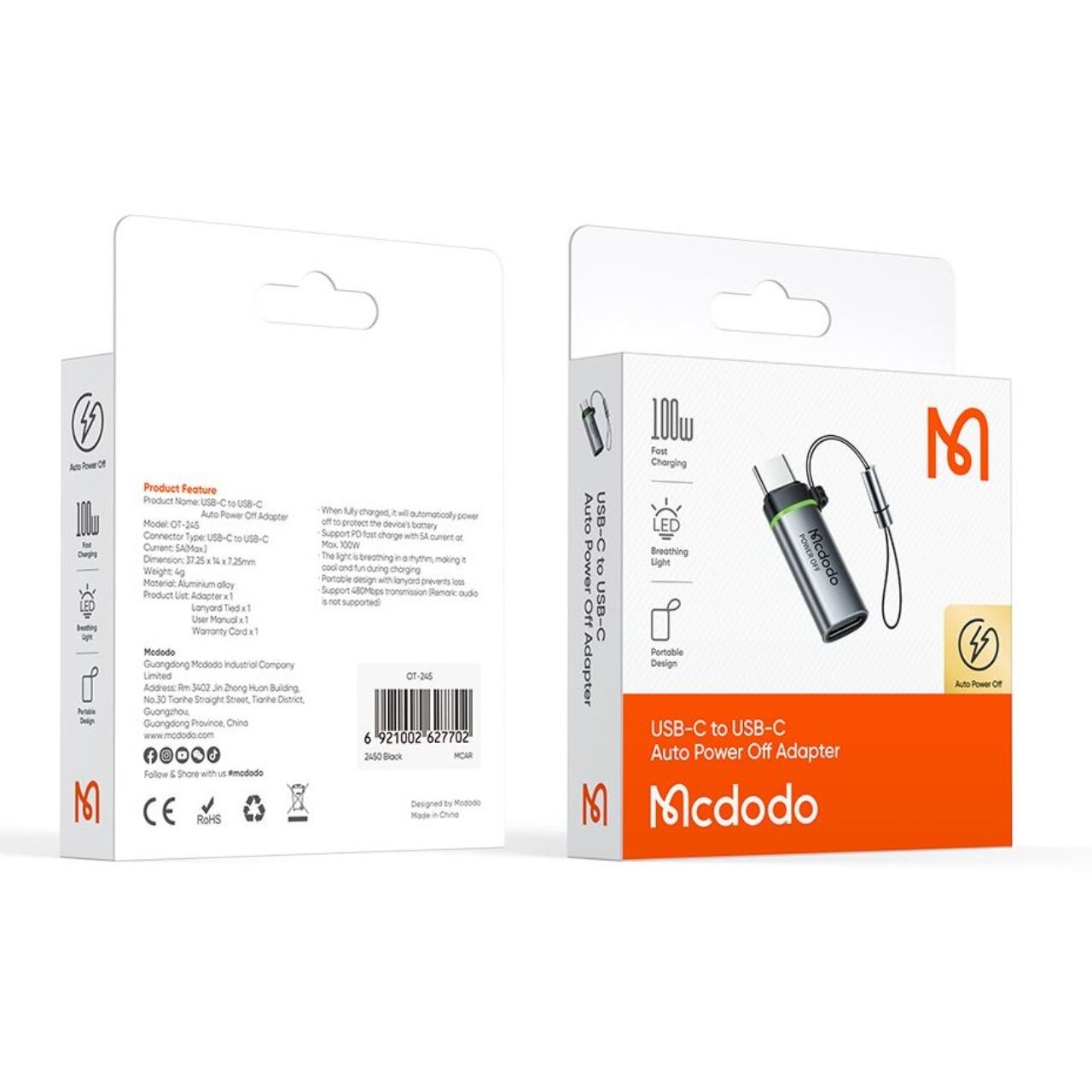 Mcdodo Adaptor Type-C la Type-C PD 100W Auto Power Off , 5A, 480Mbps, incarcare si sincronizare date, cu snur, Negru [2]