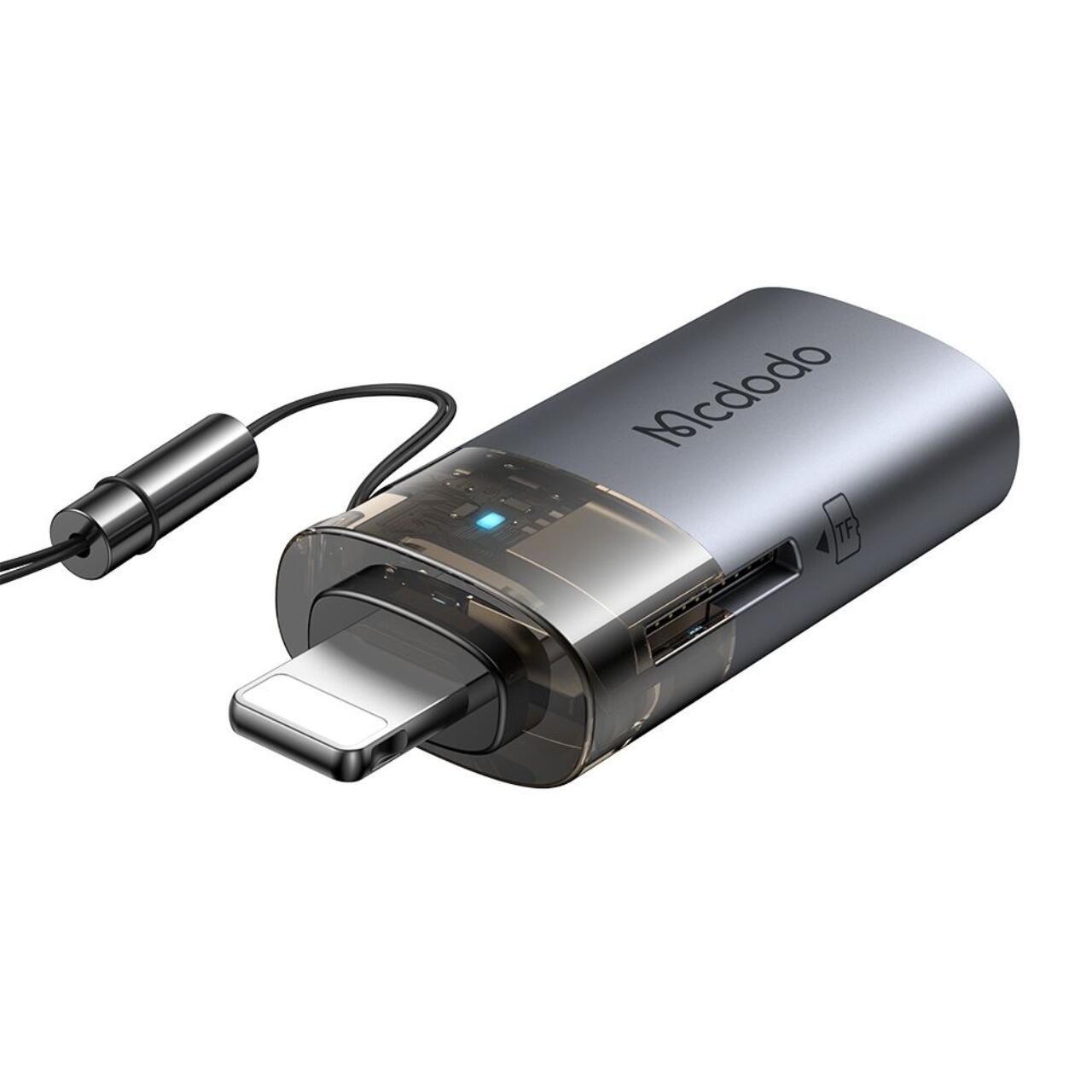 Laptop, Tablete & Telefoane - Mcdodo Adaptor USB la Lightning OTG, cu cititor de carduri TF, transfer rapid de date, 480 Mbps, LED, snur Negru
