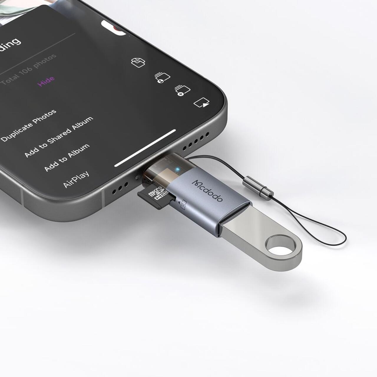 Mcdodo Adaptor USB la Lightning OTG, cu cititor de carduri TF, transfer rapid de date, 480 Mbps, LED, snur Negru [2]