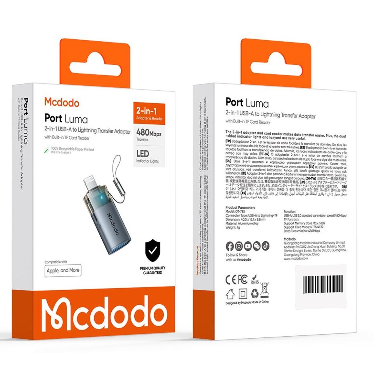 Mcdodo Adaptor USB la Lightning OTG, cu cititor de carduri TF, transfer rapid de date, 480 Mbps, LED, snur Negru [7]