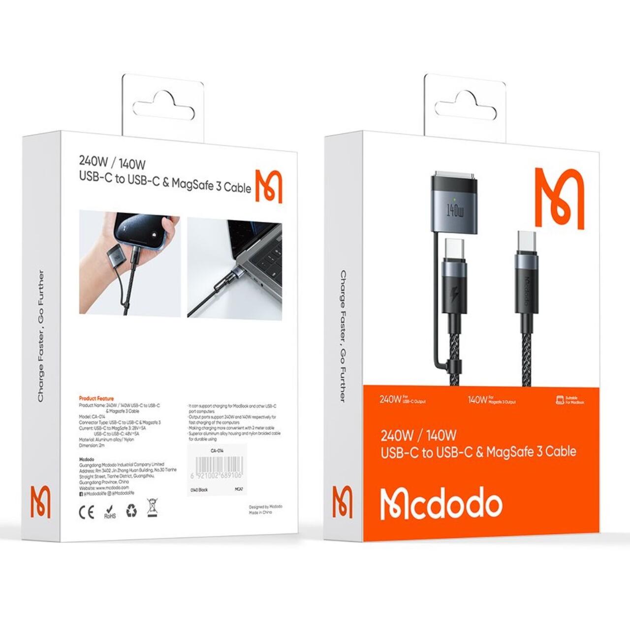 Mcdodo Cablu 2 in 1 Type-C la Type-C cu conector MagSafe 3, Super Fast Charging 240 W, Indicator LED, 2 m, Negru [14]