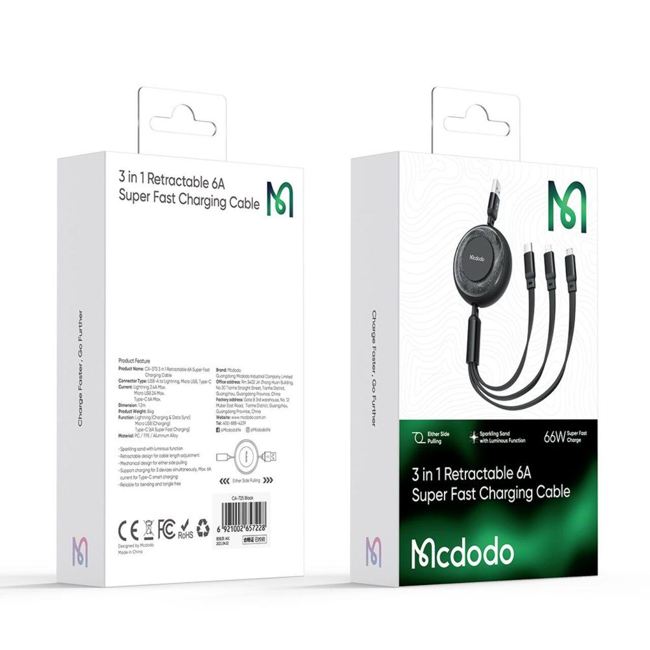 Mcdodo Cablu 3 in 1 USB la Lightning, MicroUSB si Type-C Super Fast Charging, 66W, 1.2m, Negru [7]