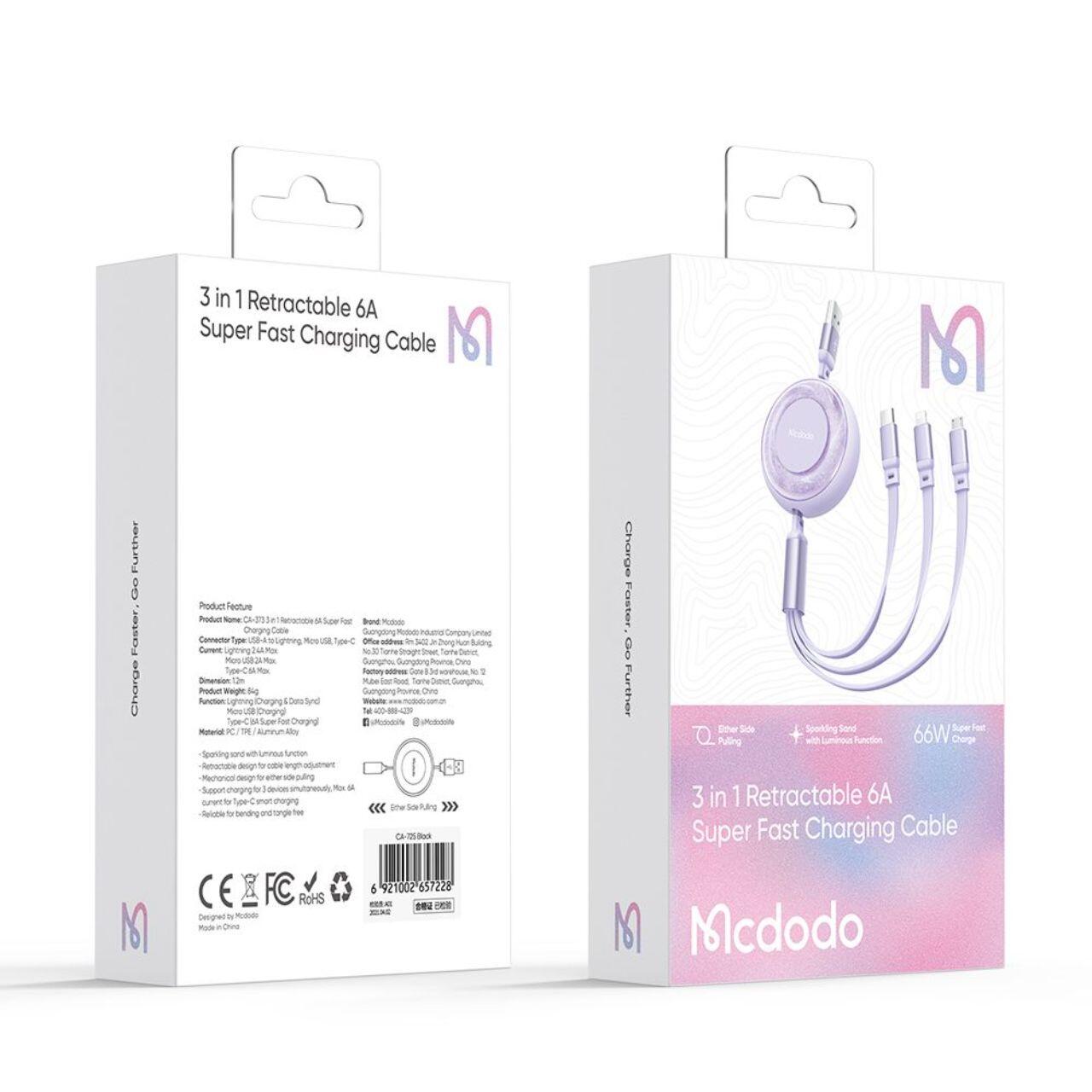 Mcdodo Cablu 3 in 1 USB la Lightning, MicroUSB si Type-C Super Fast Charging, 66W, 1.2m, Mov [4]