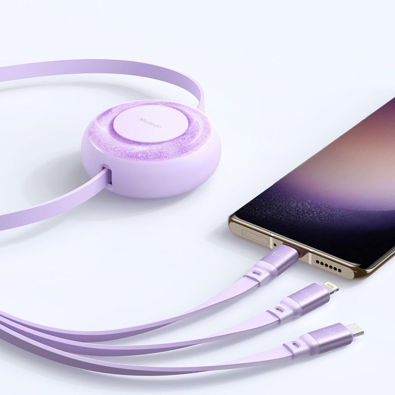Mcdodo Cablu 3 in 1 USB la Lightning, MicroUSB si Type-C Super Fast Charging, 66W, 1.2m, Mov [6]