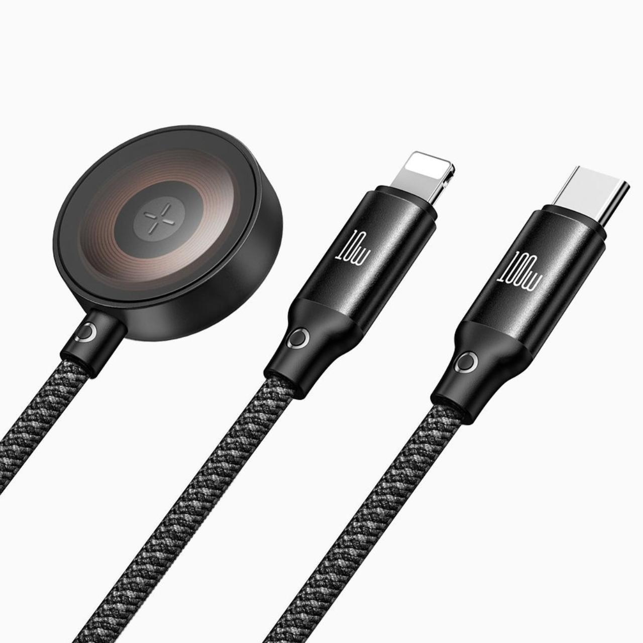 Laptop, Tablete & Telefoane - Mcdodo Cablu 3in1 Type-C la Lightning/Type-C cu Incarcator Wireless compatibil cu Apple Watch, 100W Fast Charging, O Series, 1.2m  Negru