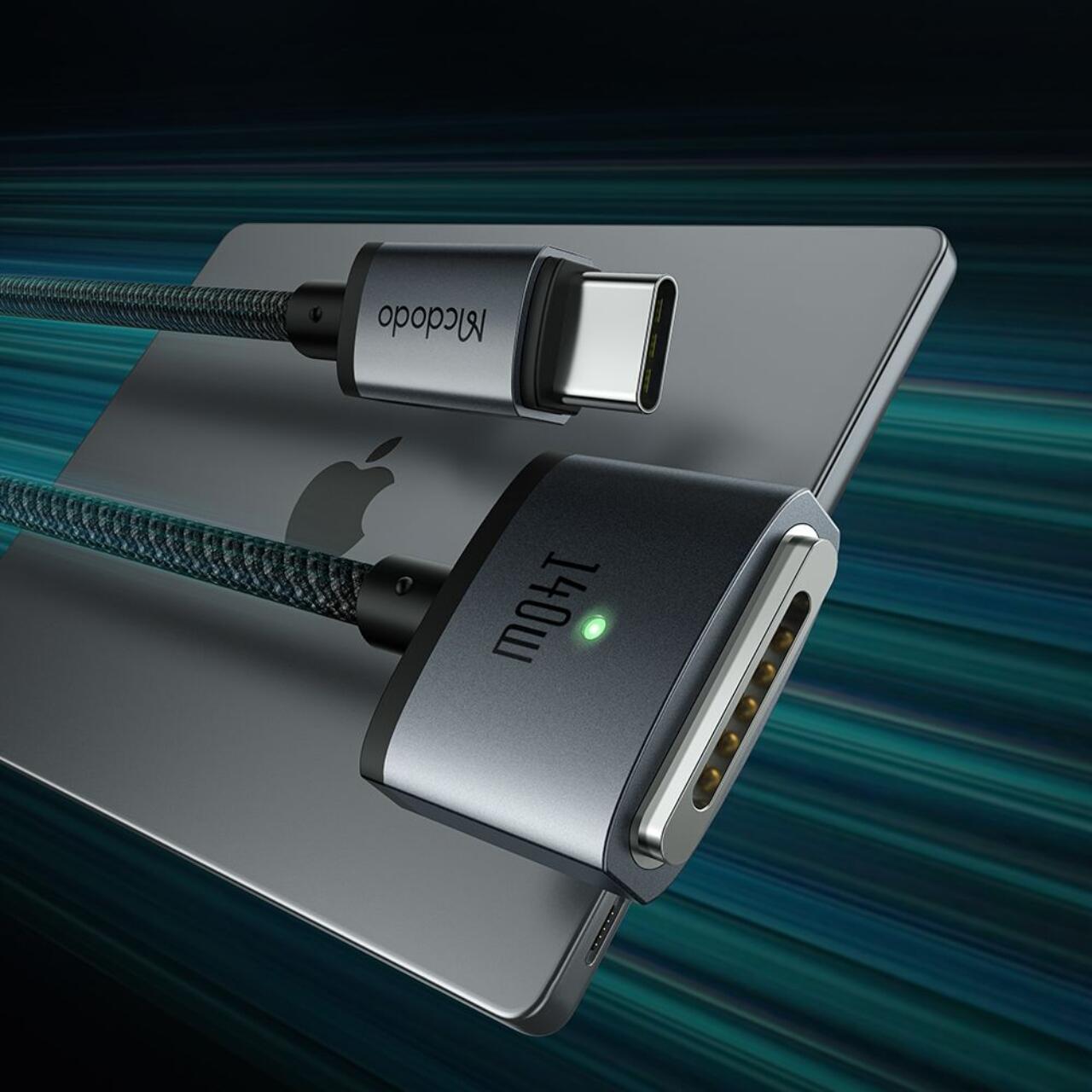 Mcdodo Cablu pentru MacBook Pro 16 inch (2021/2023), MacBook Air (2022), MacBook Pro 14 inch (2021/2023) Type-C la MagSafe 3, Fast Charger 140W, Indicator LED, 2m, Negru [3]
