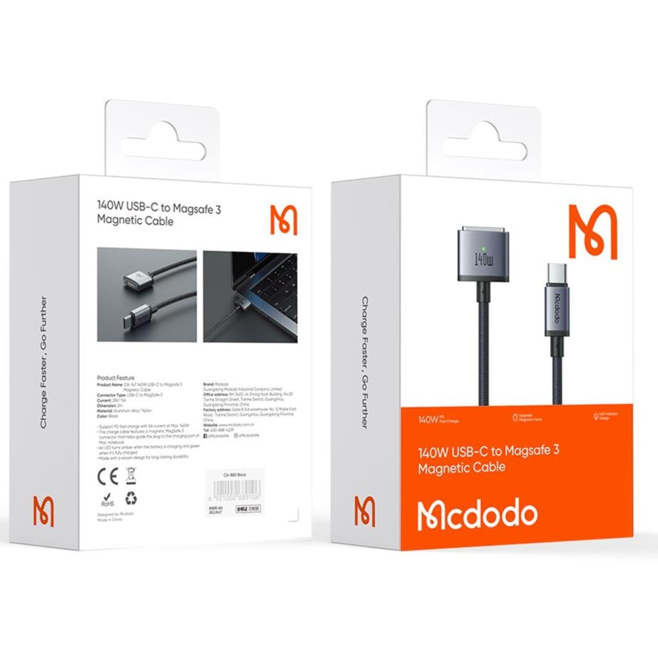 Mcdodo Cablu pentru MacBook Pro 16 inch (2021/2023), MacBook Air (2022), MacBook Pro 14 inch (2021/2023) Type-C la MagSafe 3, Fast Charger 140W, Indicator LED, 2m, Negru [9]