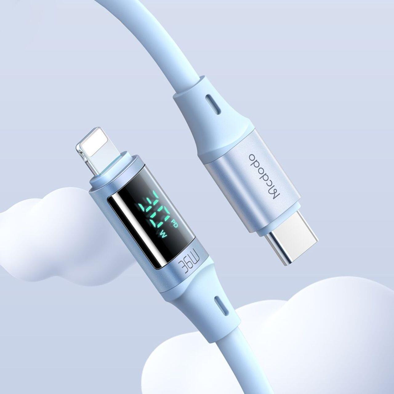 Mcdodo Cablu Type-C la Lightning Digital Display Silicone Fast Charging, 36W, 1.2m Albastru [5]
