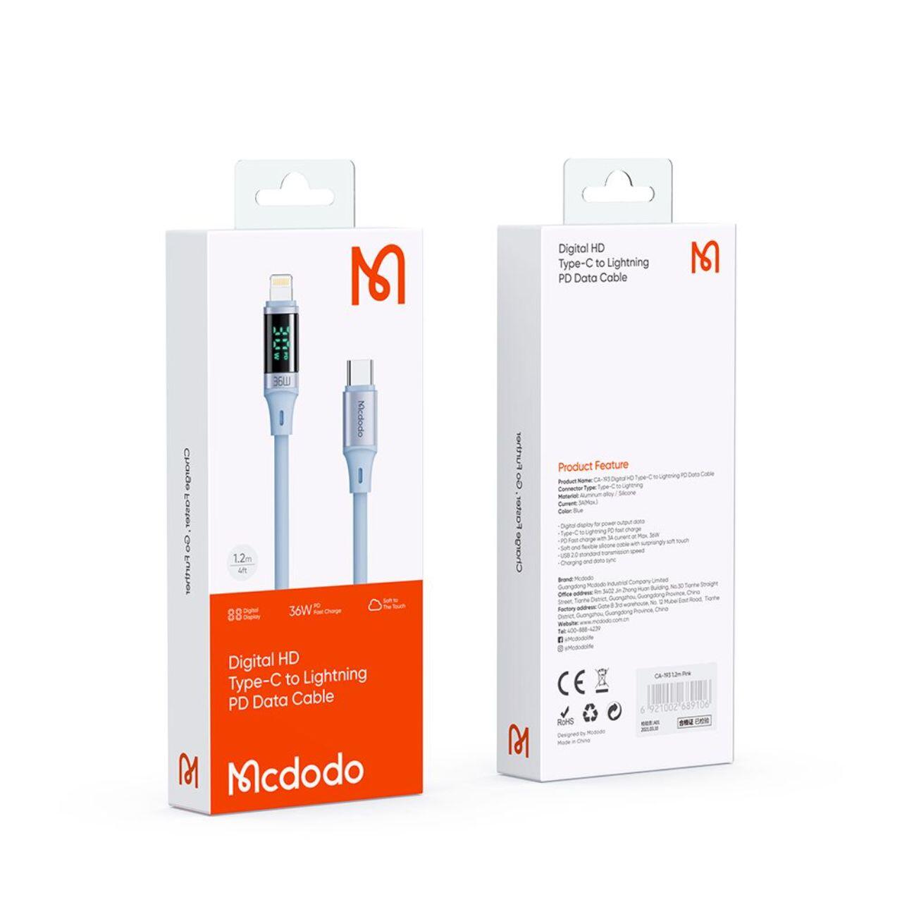 Laptop, Tablete & Telefoane - Mcdodo Cablu Type-C la Lightning Digital Display Silicone Fast Charging, 36W, 1.2m Albastru