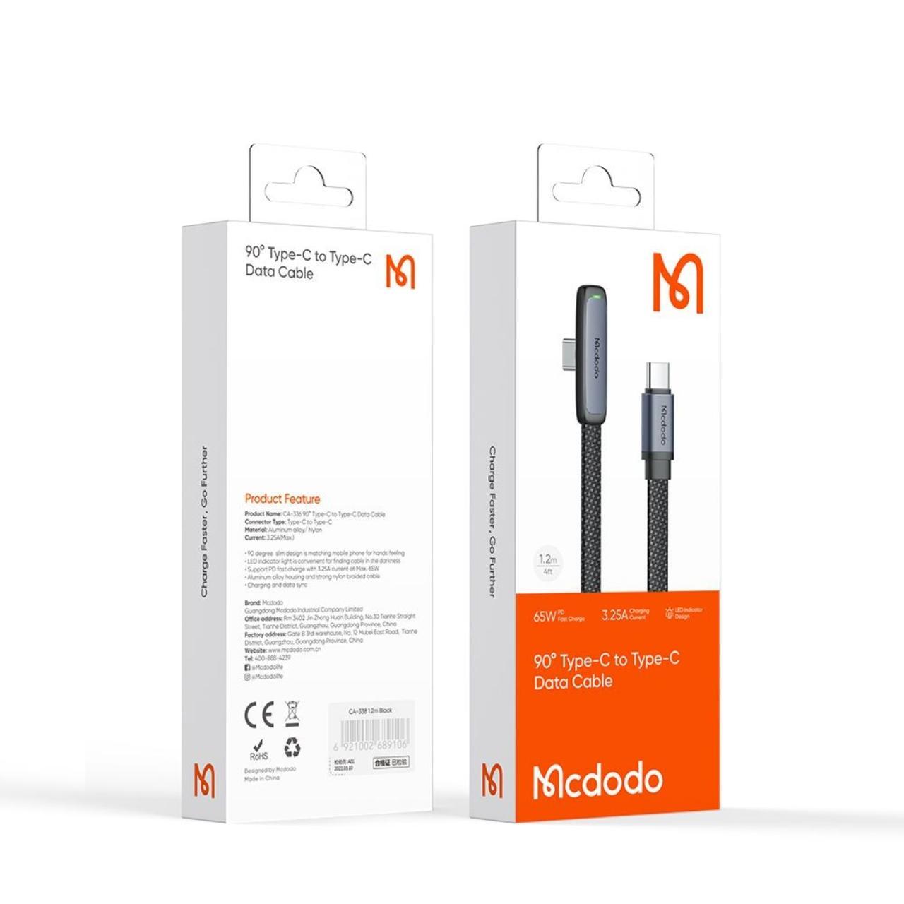 Mcdodo Cablu Type-C la Type-C, 65W, Design la 90 de grade, Fast Charging, Indicator LED, 1,2m, Negru [5]