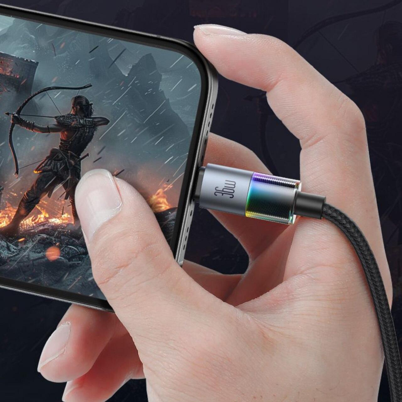 Mcdodo Cablu Type-C la Lightning 36W, Fast Charging 3A, LED multicolor 1.2m Negru [2]