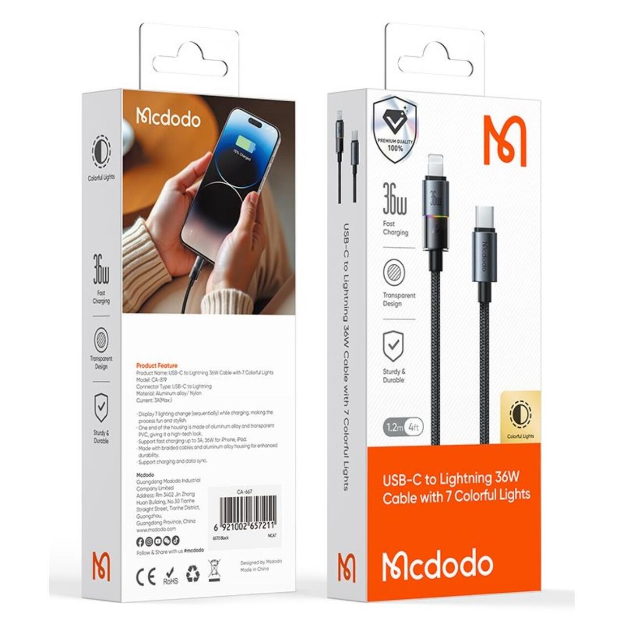Mcdodo Cablu Type-C la Lightning 36W, Fast Charging 3A, LED multicolor 1.2m Negru [5]
