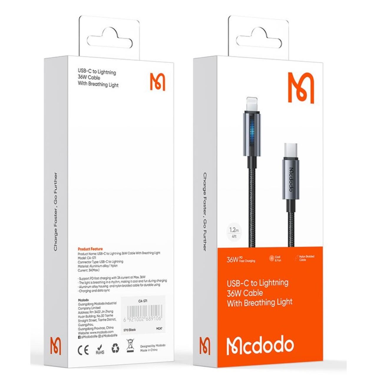 Mcdodo Cablu Type-C la Lightning 36W, Fast Charging, 3A, 1.2m, Negru [6]