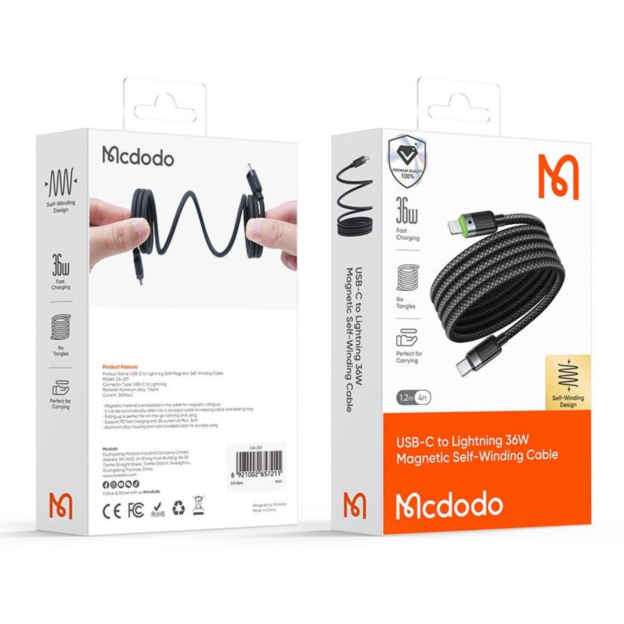Mcdodo Cablu Type-C la Lightning 36W, Fast Charging Self-Winding Series, 1.2m Negru [7]