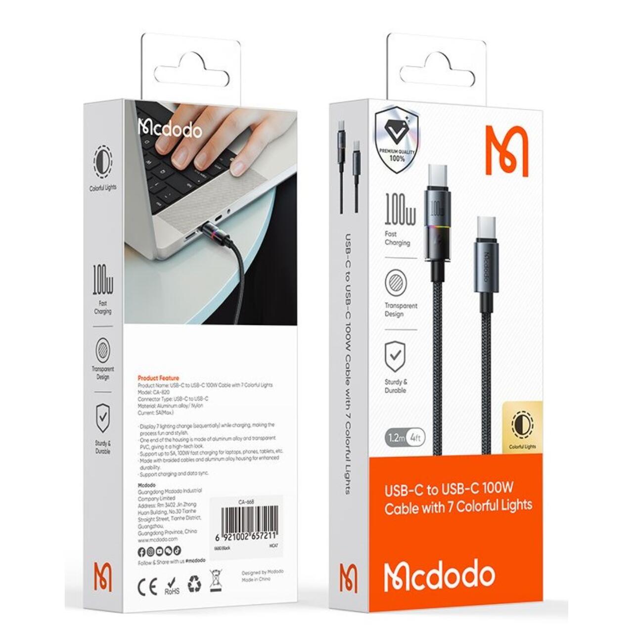 Mcdodo Cablu Type-C la Type-C 100W, Fast Charging 5A, LED multicolor 1.2m, Negru [7]