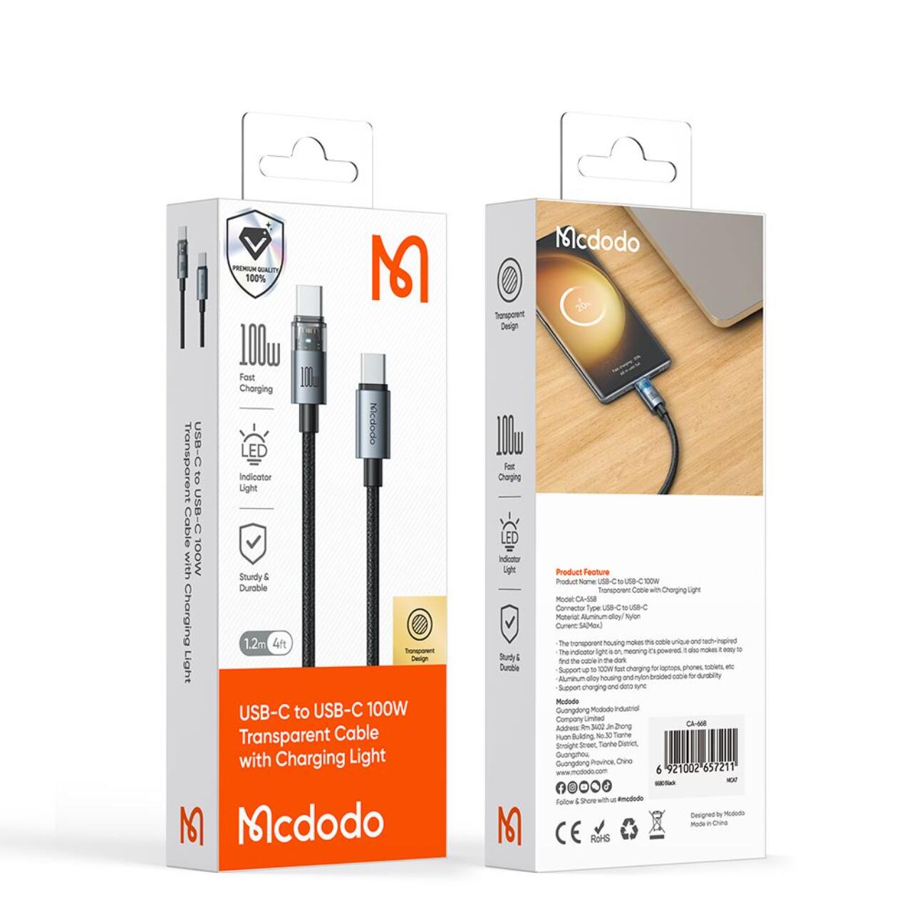 Mcdodo Cablu Type-C la Type-C Fast Charging, 100W, LED, 1.2m, Negru [8]