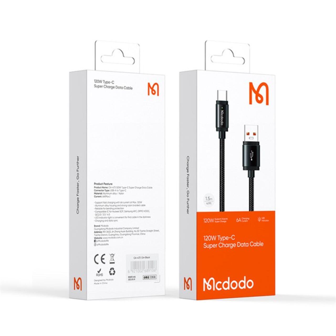 Mcdodo Cablu USB-A la Type-C SpeedCharge Series, Fast Charging, LED, 120W, 1.5m, Negru  [3]