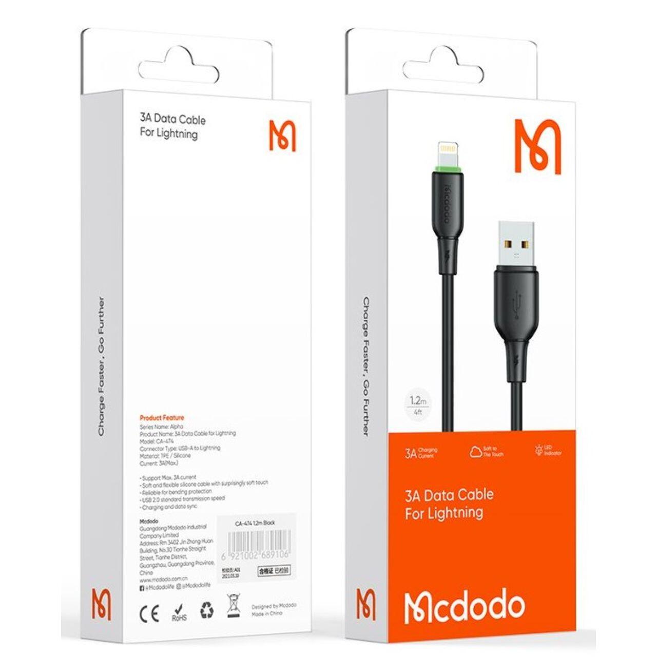 Mcdodo Cablu USB la Lightning Alpha Series Silicone Fast Charging, LED, 1.2m, Negru [2]