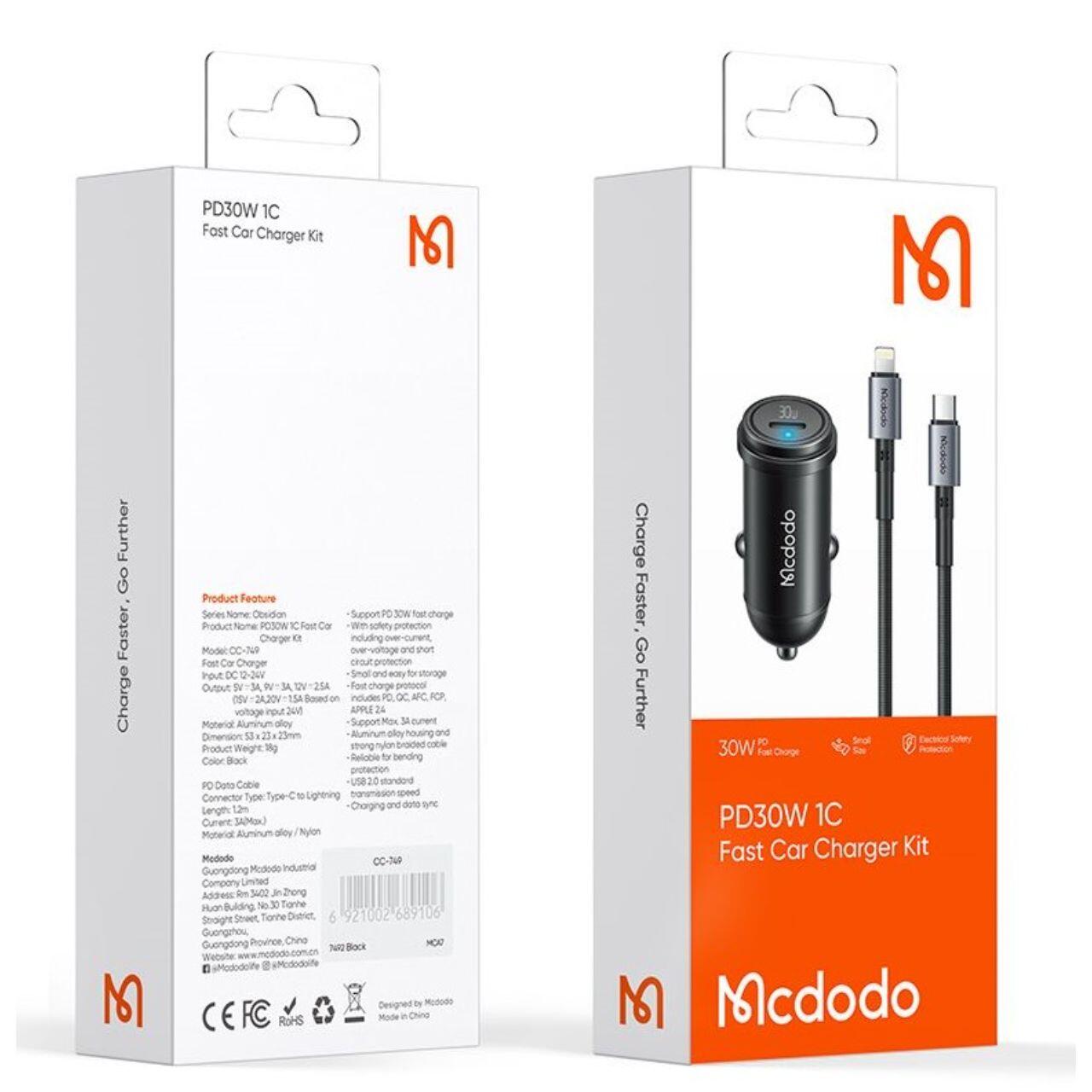 Mcdodo Set Incarcator Auto 1xType-C Fast Charging PD 30W, cablu Type-C la Lightning 1.2m Negru [4]