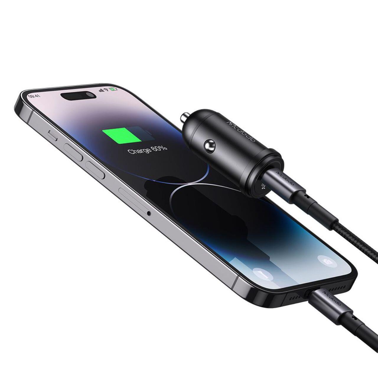 Mcdodo Set Incarcator Auto 1xType-C Fast Charging PD 30W, cablu Type-C la Lightning 1.2m Negru [6]
