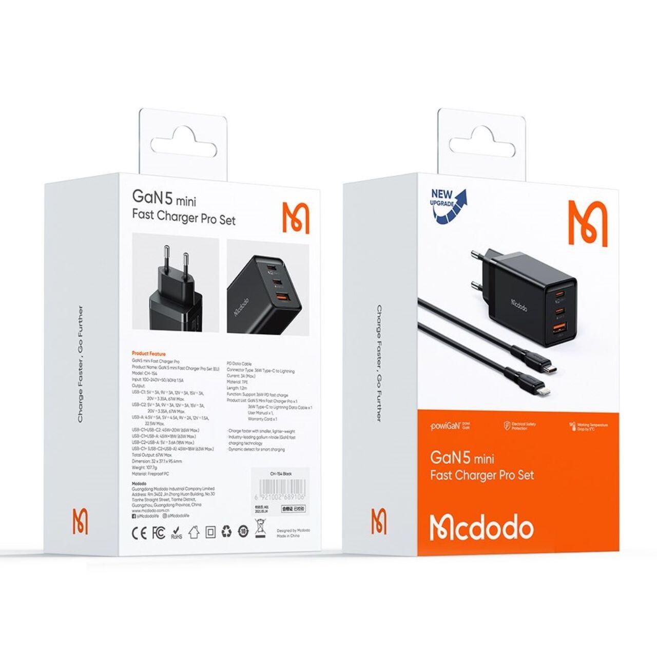 Mcdodo Set Incarcator Retea 2xType-C si 1xUSB-A GaN5 Mini Pro Fast Charger 67W, cablu Type-C la Lightning, 1.2m, Negru [4]